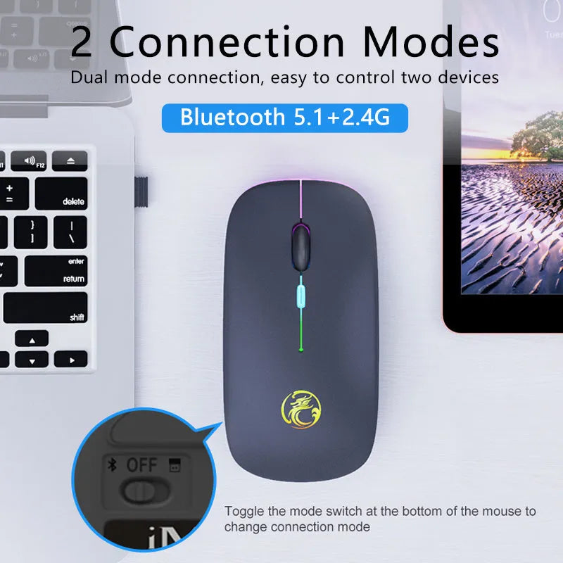 Black or white dual-mode wireless silent mouse with charging cable and adjustable DPI settings