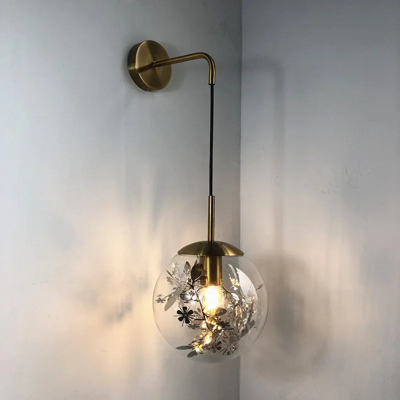 Modern glass wall lamp for bedrooms in golden flower finish with LED lighting
