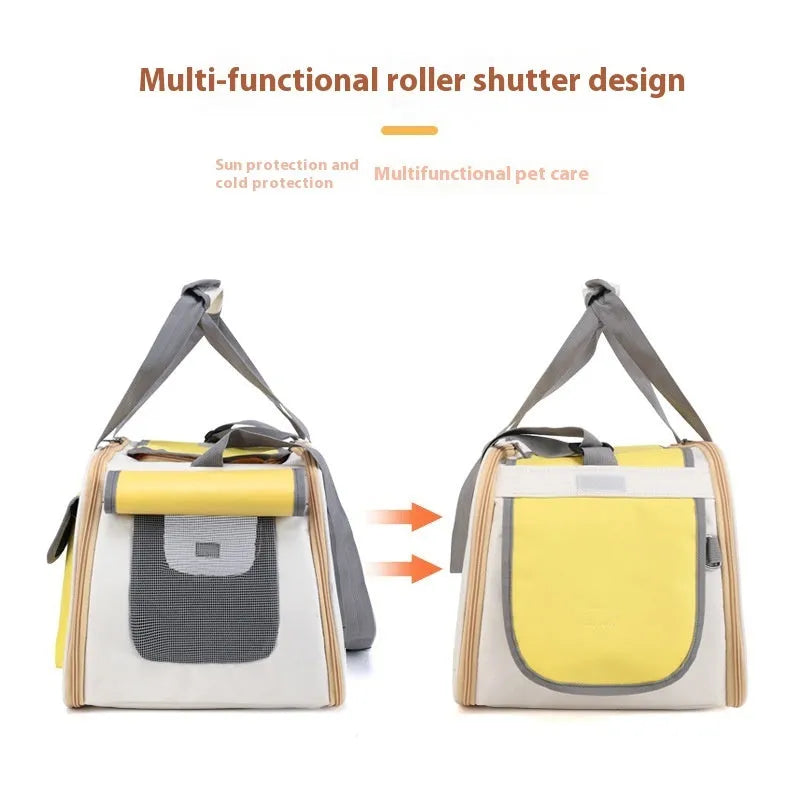 Foldable canvas pet carrier backpack for cats and small dogs in yellow, green, or black colours