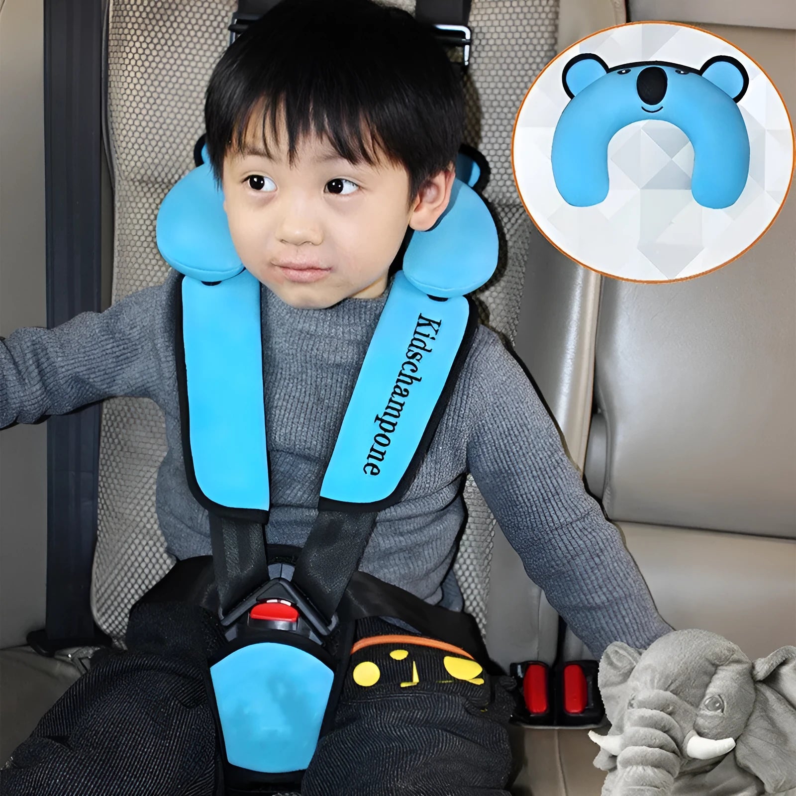 Portable child car seat belt retainer in polyester for 12-36kg children measuring 33x22x9.5cm
