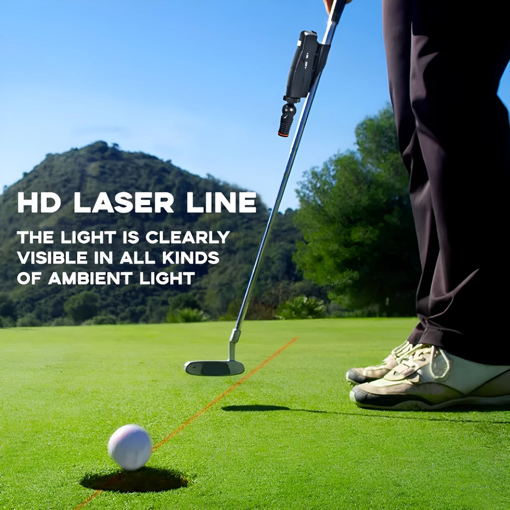 Matte black golf laser aiming instrument attached to putter for alignment practice