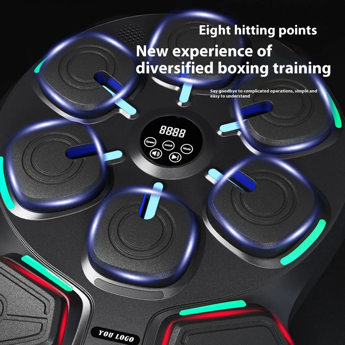 Black wall-mounted smart music boxing machine with eight targets, double lights, PU material, and adult half-finger gloves