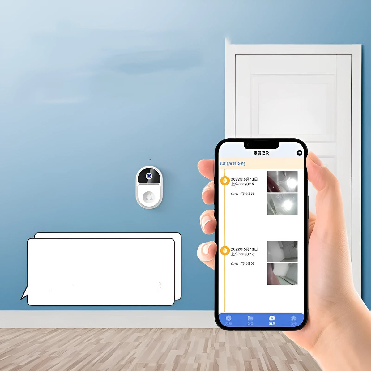Doodle Smart Visual Doorbell V8 in black and white, showing front camera and two-way speaker.