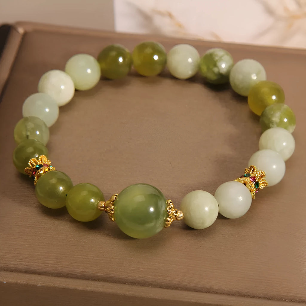 Women's original design jade bracelet in Xiuyan green colour with mori style aesthetic