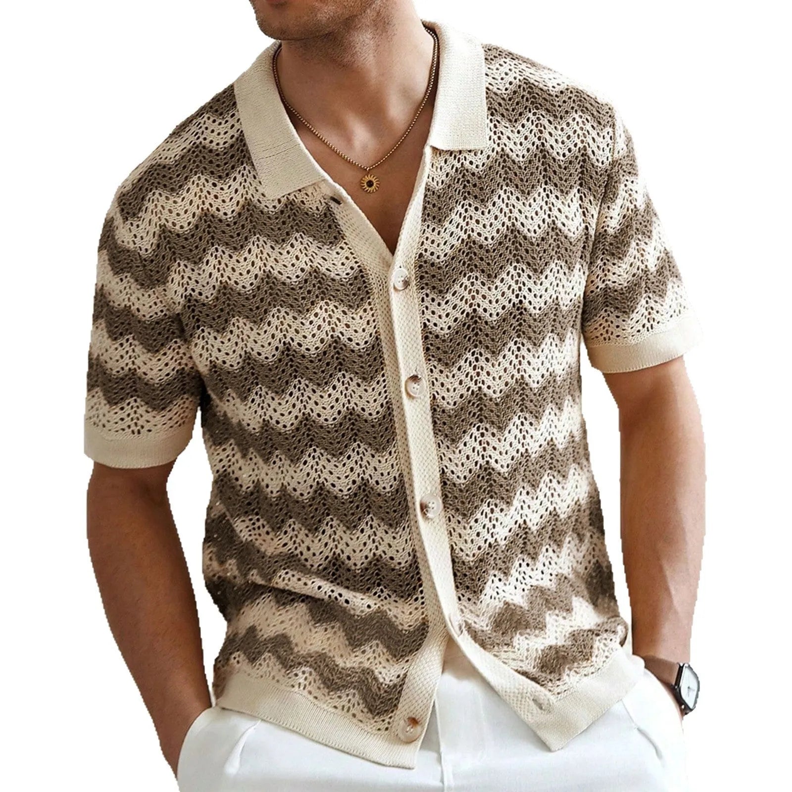 Man modelling a yellow short sleeve sweater with a textured corrugated jacquard pattern, suitable for summer.