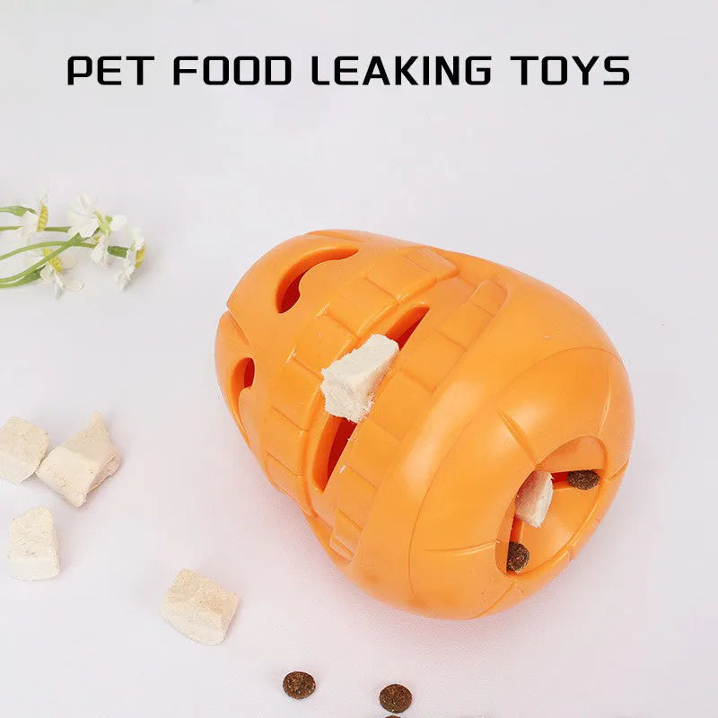 Orange Halloween pumpkin shaped dog chew toy with treat dispensing funnel