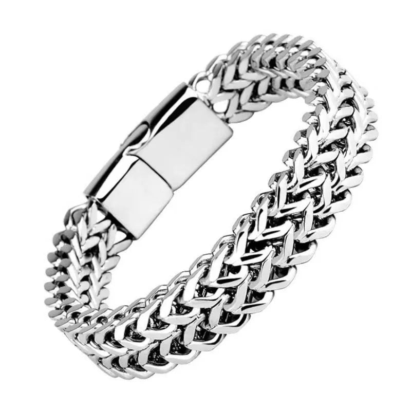 Silver titanium steel men's bracelet with geometric hip hop design on front and back.