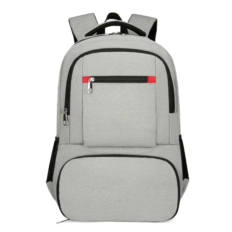Light grey insulated oxford cloth backpack with curved shoulder straps showing dry-wet separation compartments
