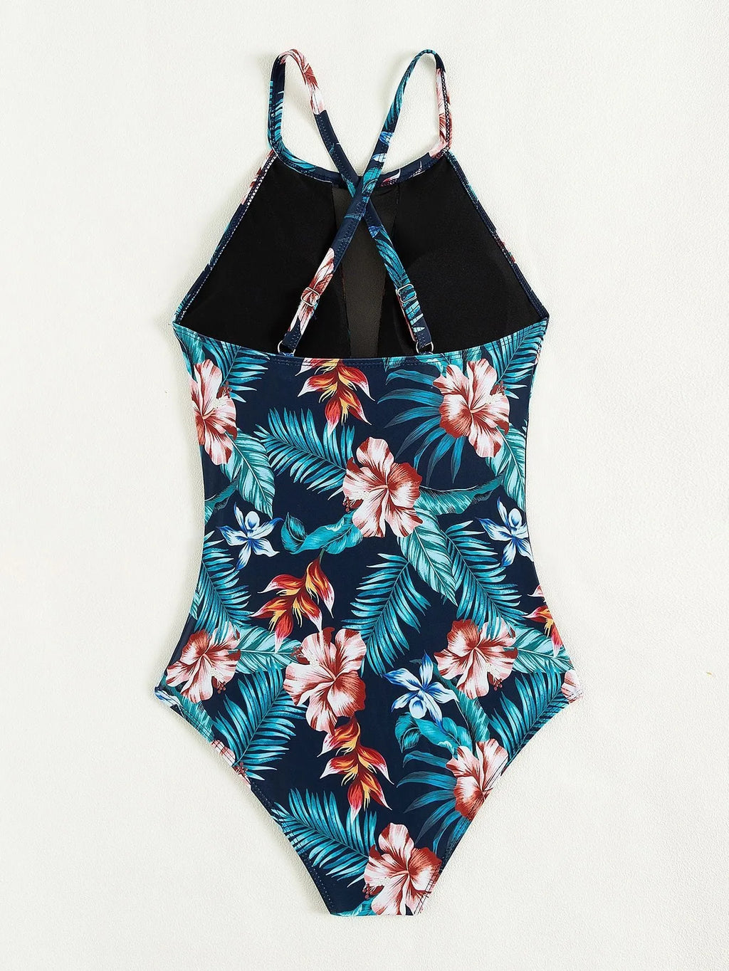 Women's deep V neck one-piece swimsuit in a solid colour or gradient print pattern.