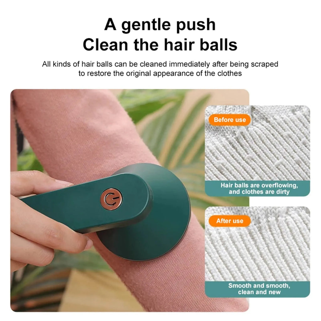 USB rechargeable electric lint remover in white or green with six-leaf stainless steel blade and lint collector container