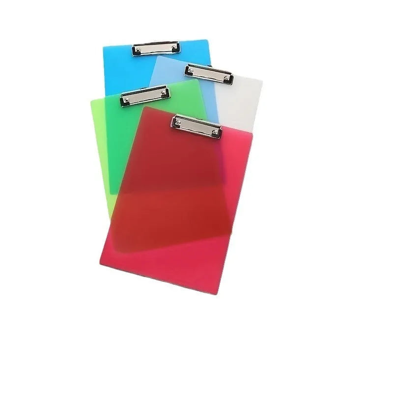 Transparent A4 plastic clipboard with metal clip in blue, green, red or white colour options