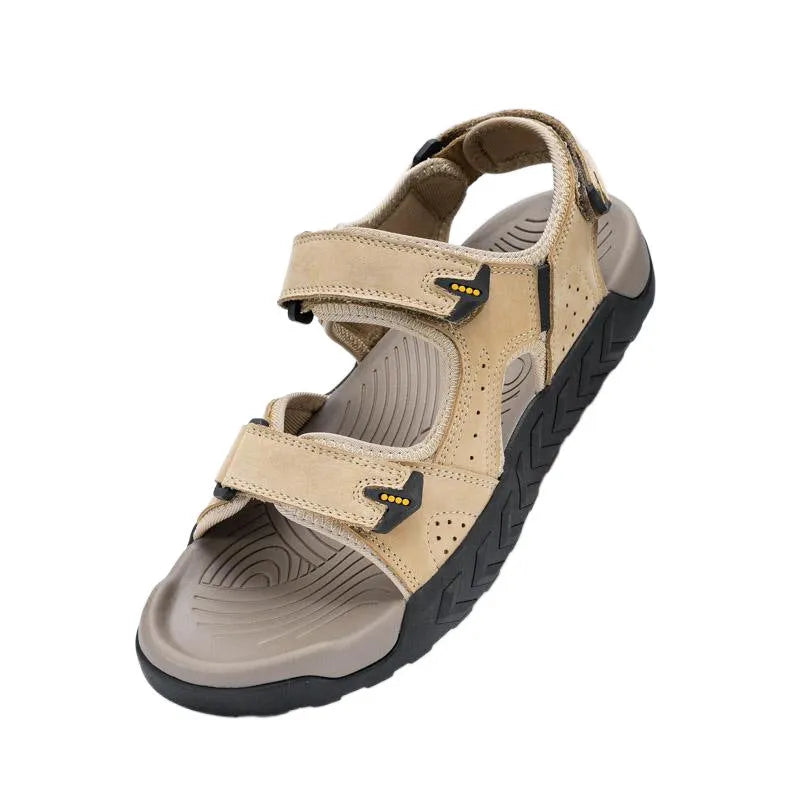 Men's breathable beach sandals with cowhide upper, rubber sole, Velcro fastening, dark gray khaki dark brown.