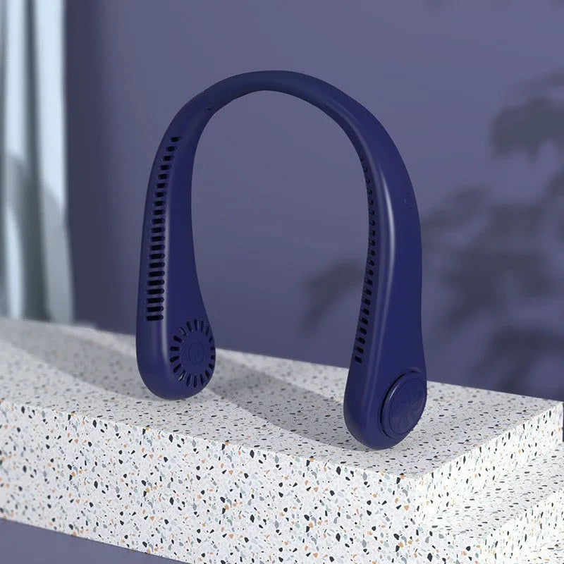 White USB rechargeable bladeless neck fan worn around neck, showing adjustable speed buttons.