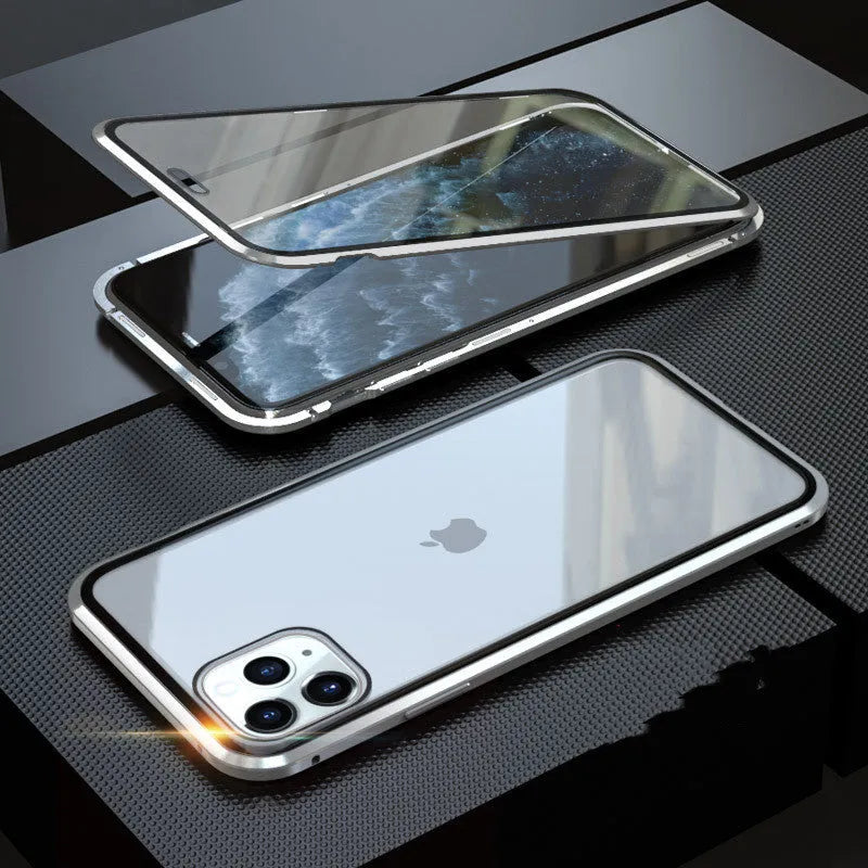 Machined glass anti-spy clamshell case for iPhone in black, silver, red, gold, green, or blue.