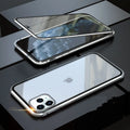 Machined glass anti-spy clamshell case for iPhone in black, silver, red, gold, green, or blue.