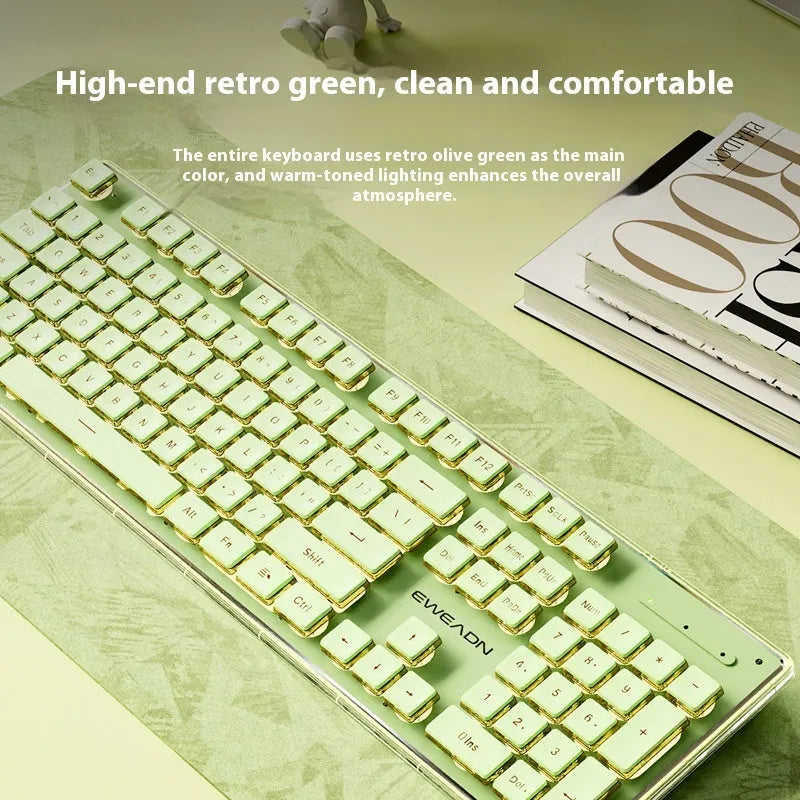 Prewalker V3 wired and wireless keyboard and mouse set in retro green colour on a desk