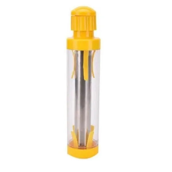 Yellow cylindrical corn stripper with stainless steel blades and ABS plastic housing