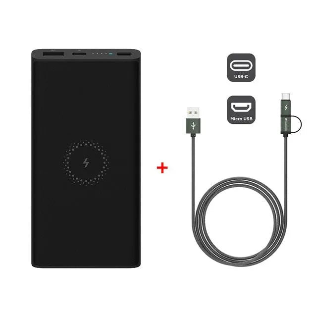 White and black 10000mAh portable power bank with USB-C and USB-A ports for fast and wireless charging.