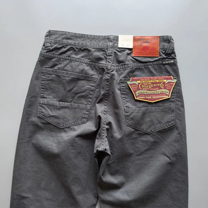 Men's American retro straight leg cotton trousers in solid colour with mid waist design