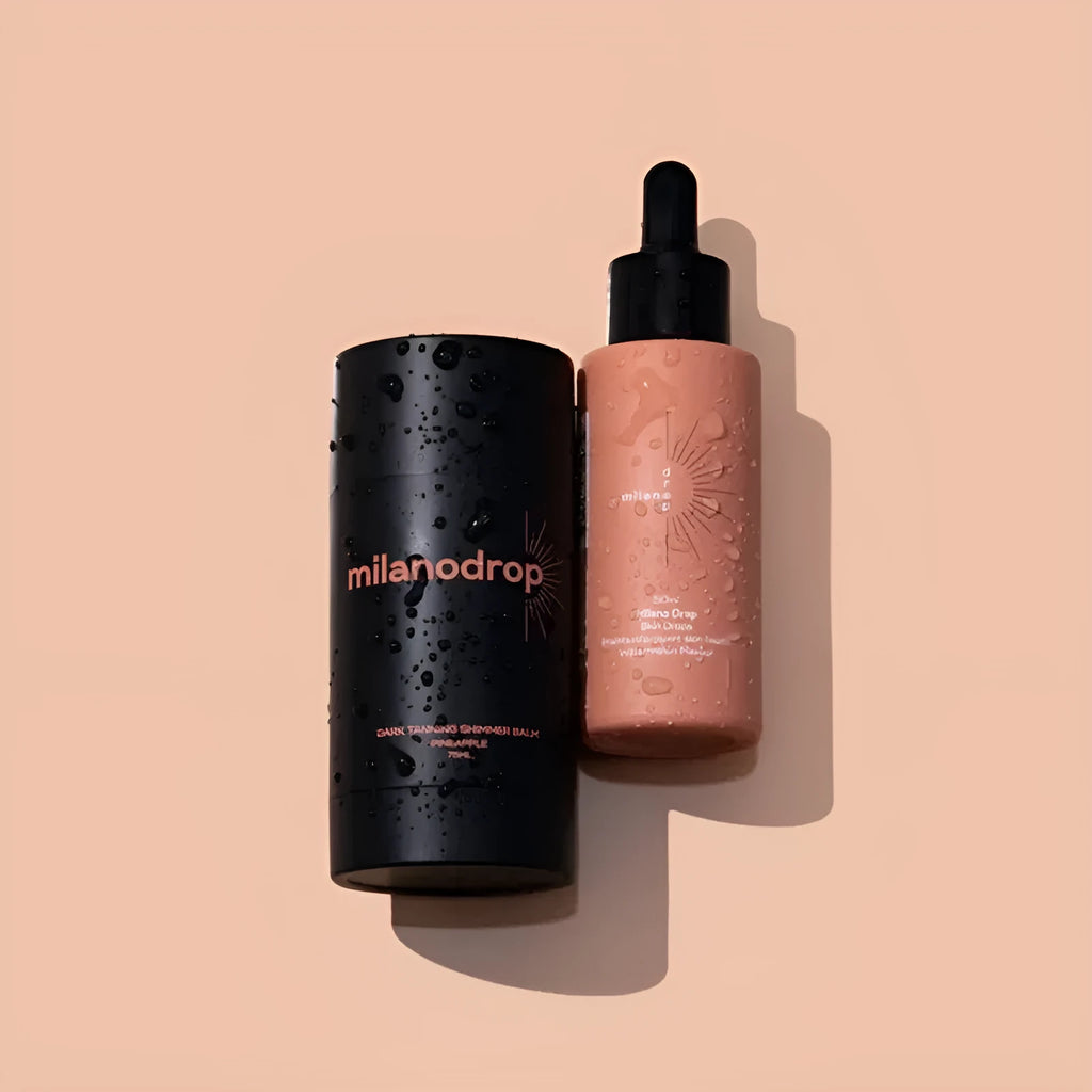 Matte black sun tanning liquid kit containing 50ml tanning drops and 75ml tanning flash cream bottles