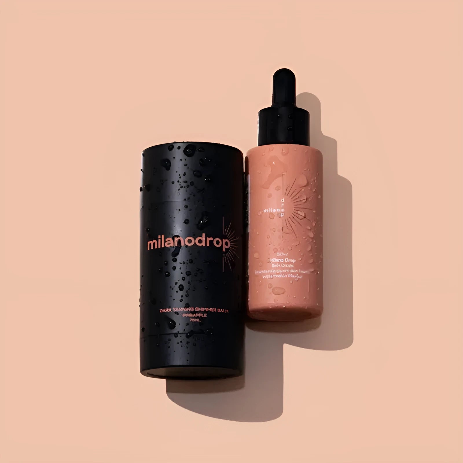 Matte black sun tanning liquid kit containing 50ml tanning drops and 75ml tanning flash cream bottles