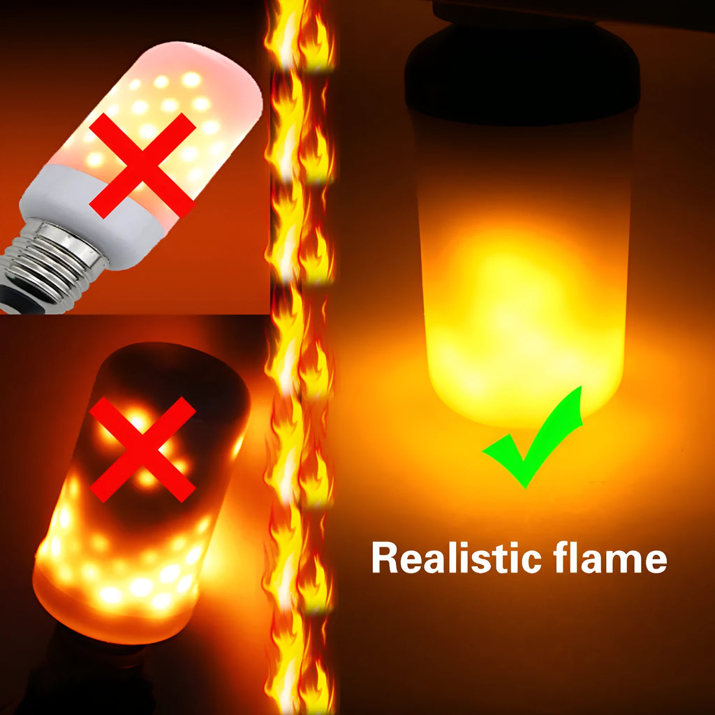 Decorative flame effect LED lamp bulb showing flickering fake fire lighting