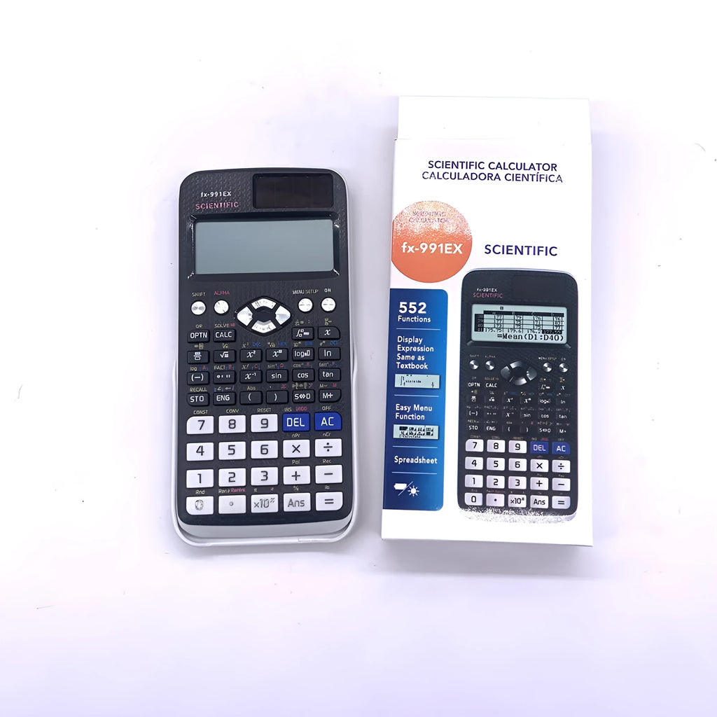 CASIO FX-991EX scientific calculator in black, blue, or pink with solar panel and display.