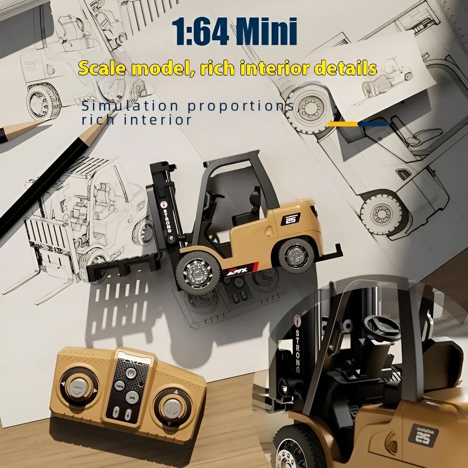 Bluetooth dual-mode remote control alloy forklift toy 1:64 scale with cargo accessories on wooden pallet