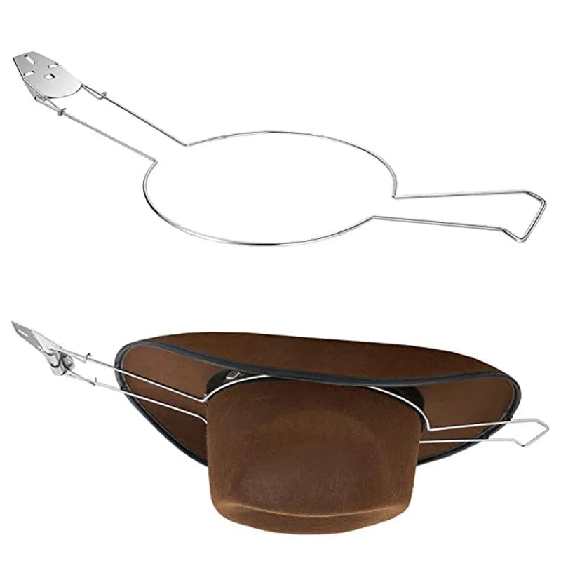 Brown chrome-plated metal car hat stand for interior vehicle storage of caps and hats.
