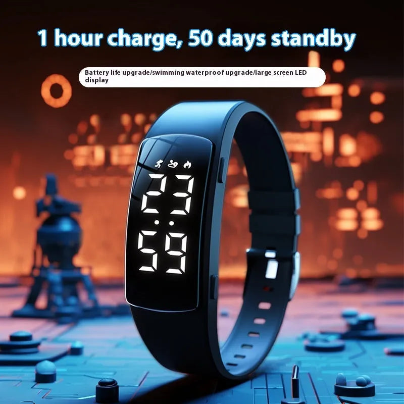Vibration alarm clock smartwatch with a coloured silicone strap on a wrist, showing its LED display.