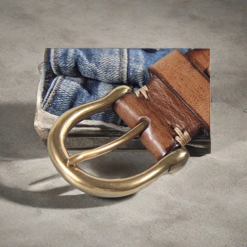 Men's casual leather belt in cattlehide with copper buckle shown in black, brown, and khaki colours