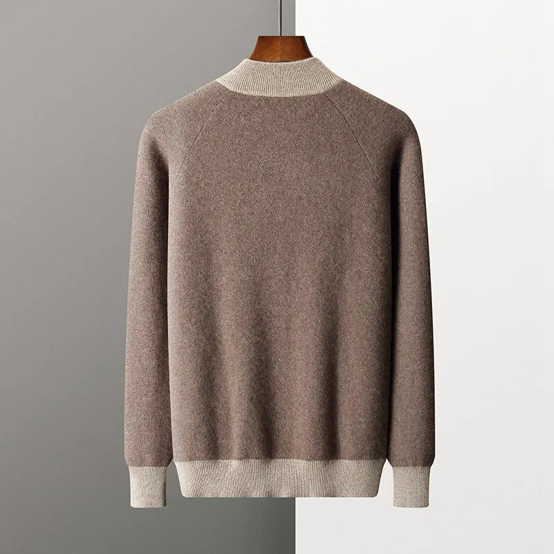 Men's cashmere wool blend knitted cardigan suit with half turtleneck zip front and matching trousers
