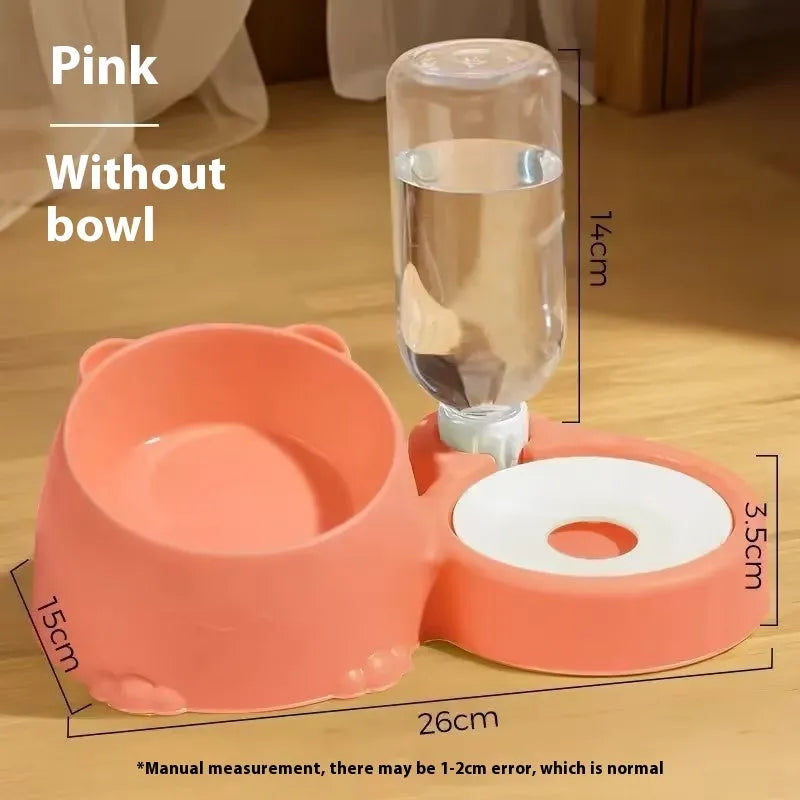 Double bowl automatic pet drinking basin with stainless steel bowls in plastic frame for cats