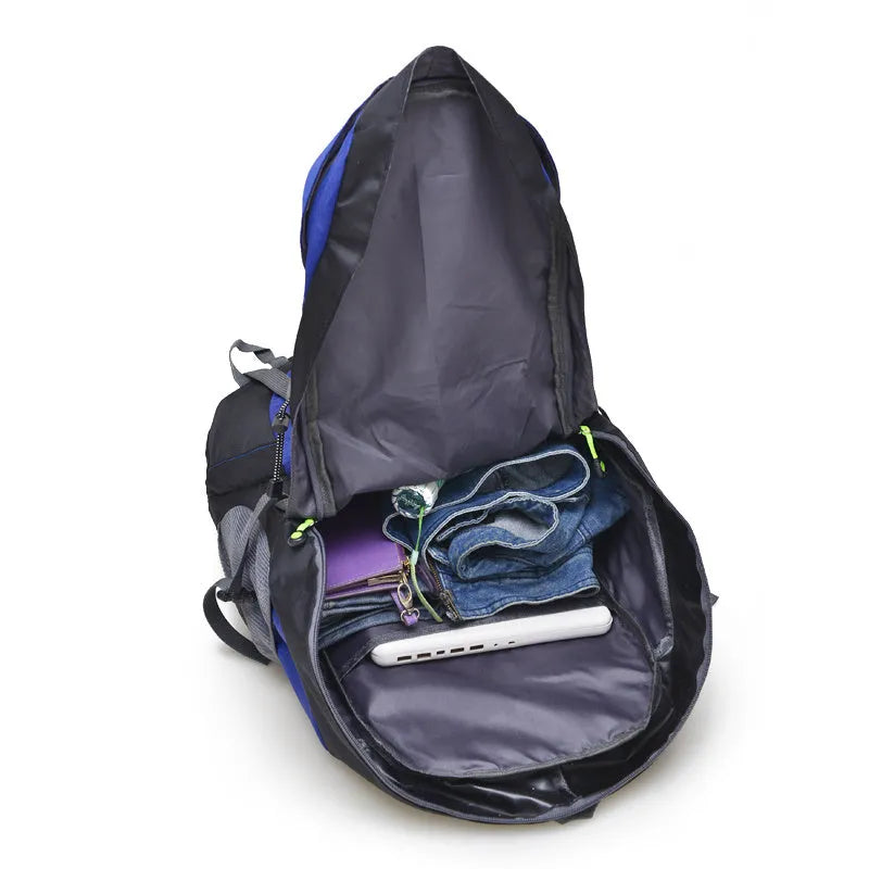 50L foldable outdoor backpack in nylon with waterproof function, adjustable straps and breathable back pad, shown in available colours.