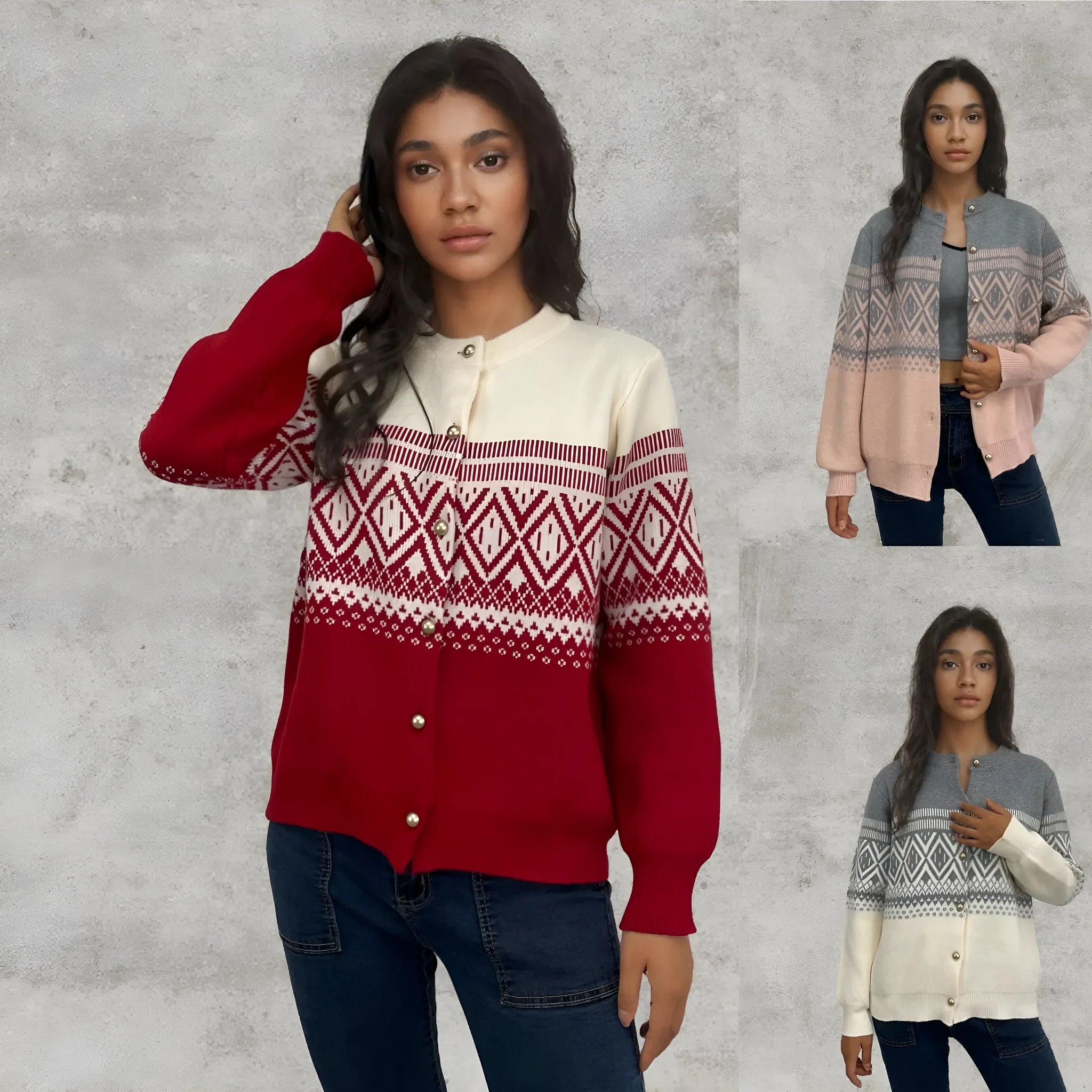 Women's alpaca wool cardigan with contrast colour sleeves and diamond knit pattern