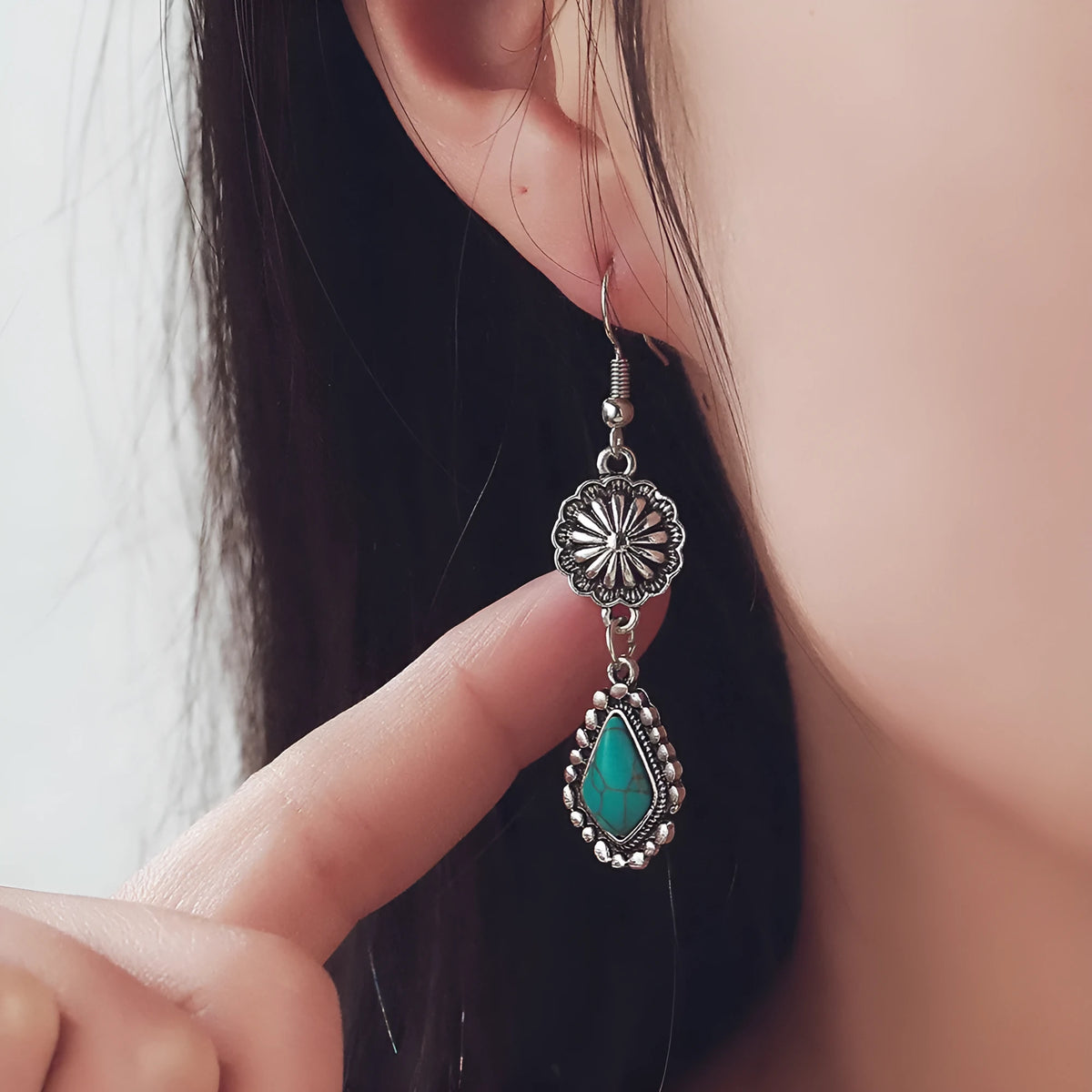 Bohemian Vintage Carved Turquoise Long Earrings with green carved stone drop design