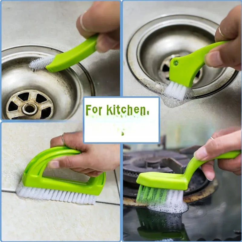 Green plastic floor seam cleaning brush set three pieces on a tiled floor