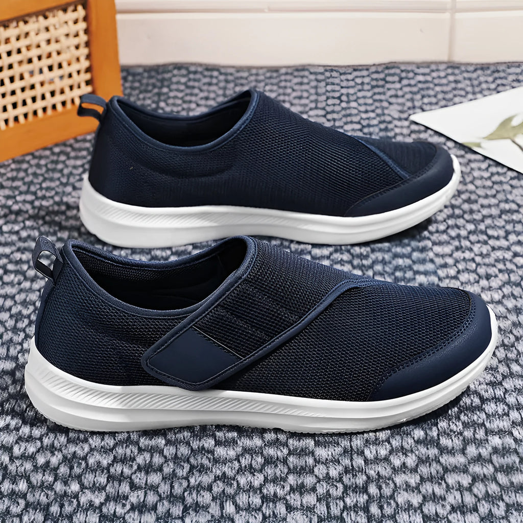 Unisex mesh walking shoes with Velcro fastening, flat heel, round toe, in black, grey, blue, or wine red, sizes 36-47