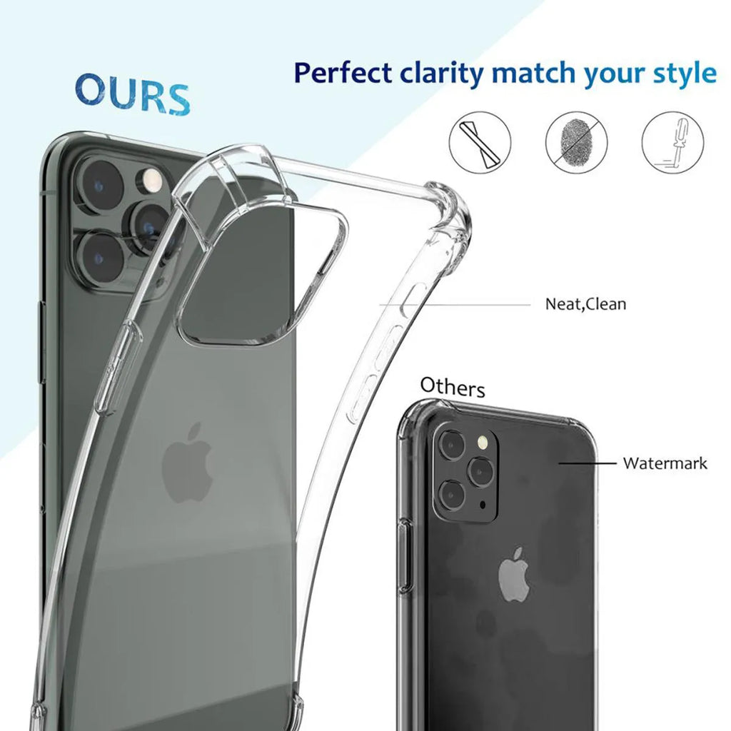 Clear transparent TPU shockproof phone case for Apple iPhone, showing front and back views.