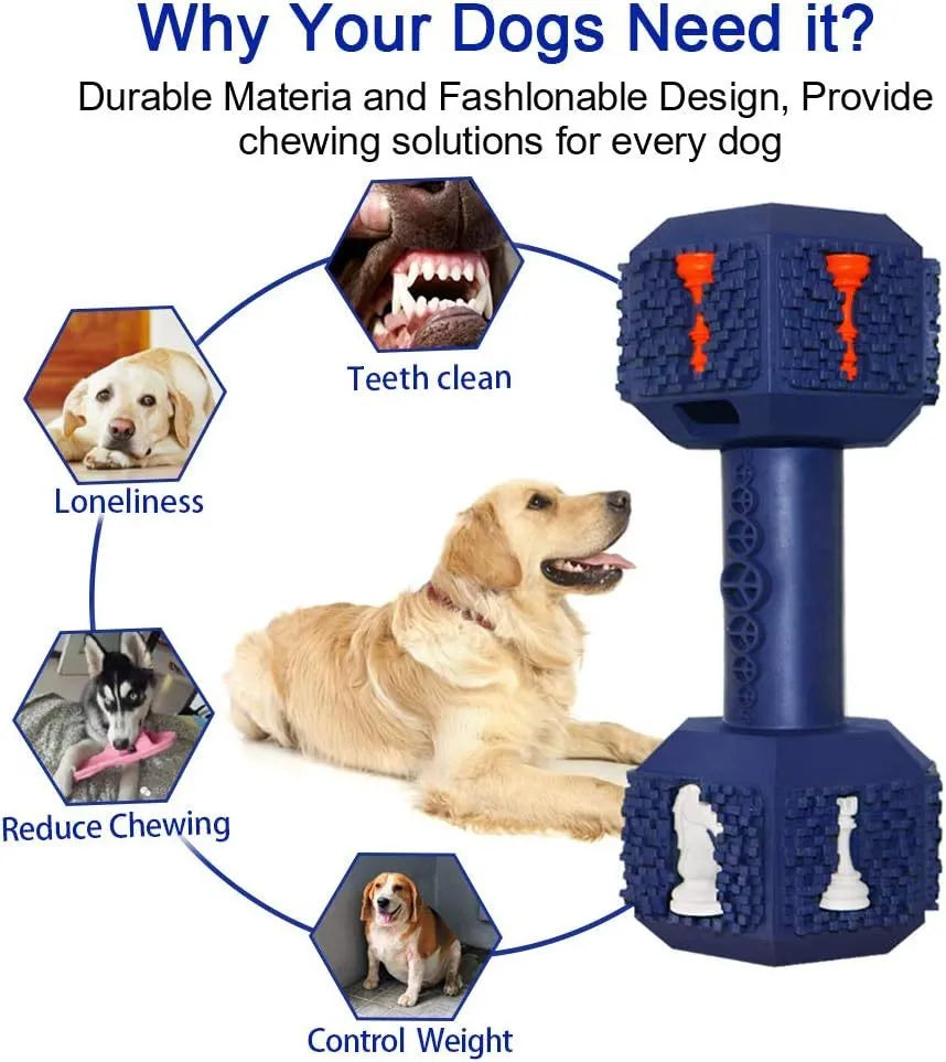Blue hollow dumbbell dog chew toy with textured 3D particle surface on a white background.
