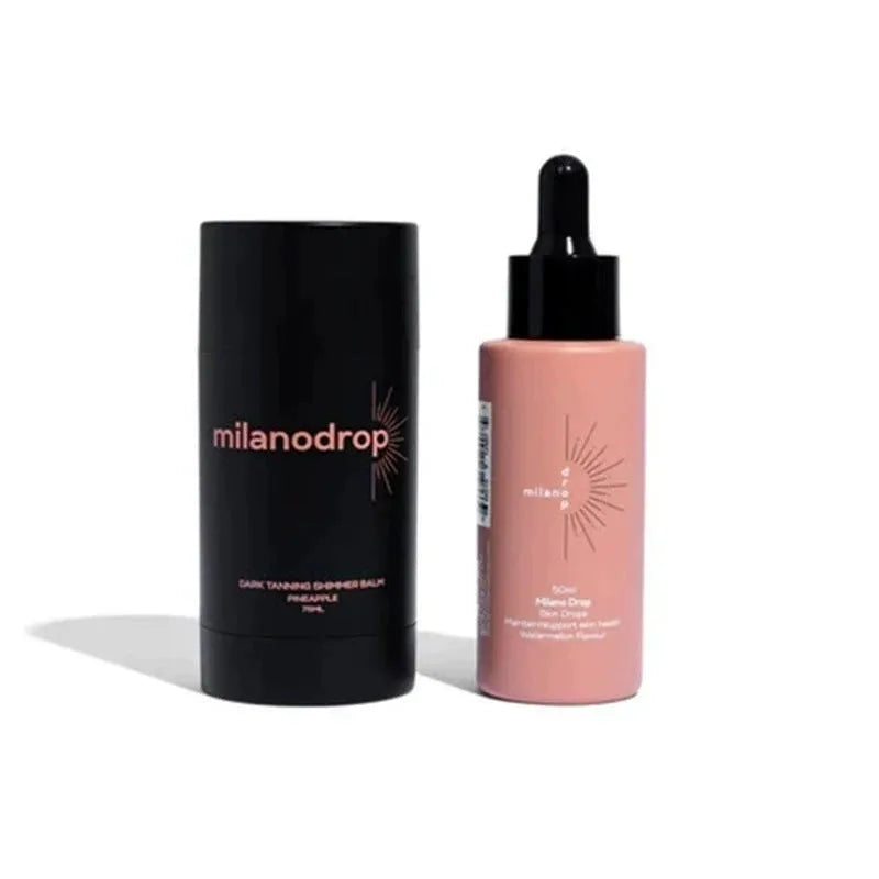 Matte black sun tanning liquid kit containing 50ml tanning drops and 75ml tanning flash cream bottles