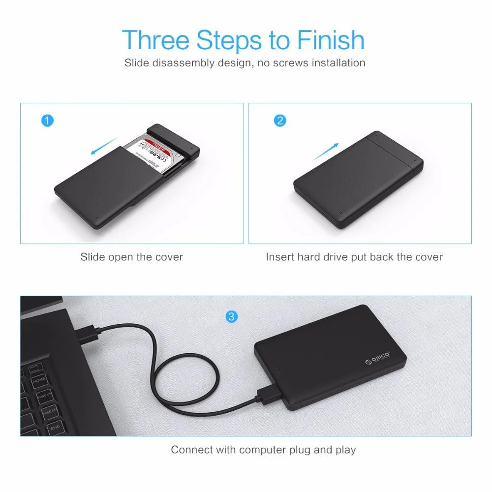 ORICO 2577U3 black ABS 2.5 inch SATA HDD SSD enclosure with USB 3.0 Micro B and SATA 3.0, 126.5 x 80 x 15mm