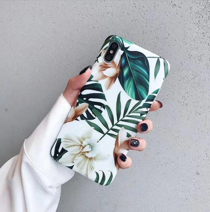 Soft TPU iPhone case with banana leaf floral pattern for multiple models