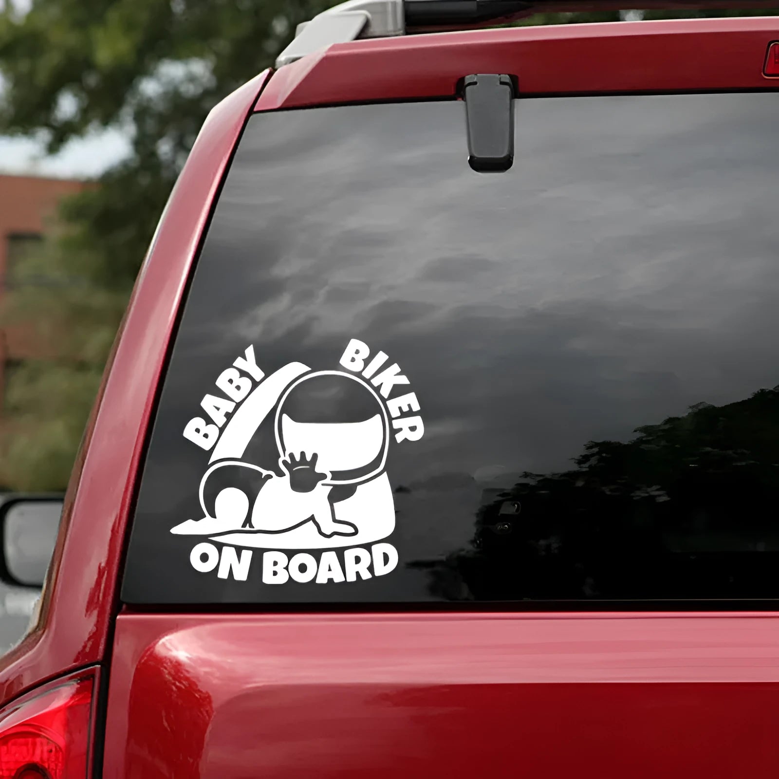 Black and white reflective BABY ON BOARD car sticker measuring 14.5cm by 15cm