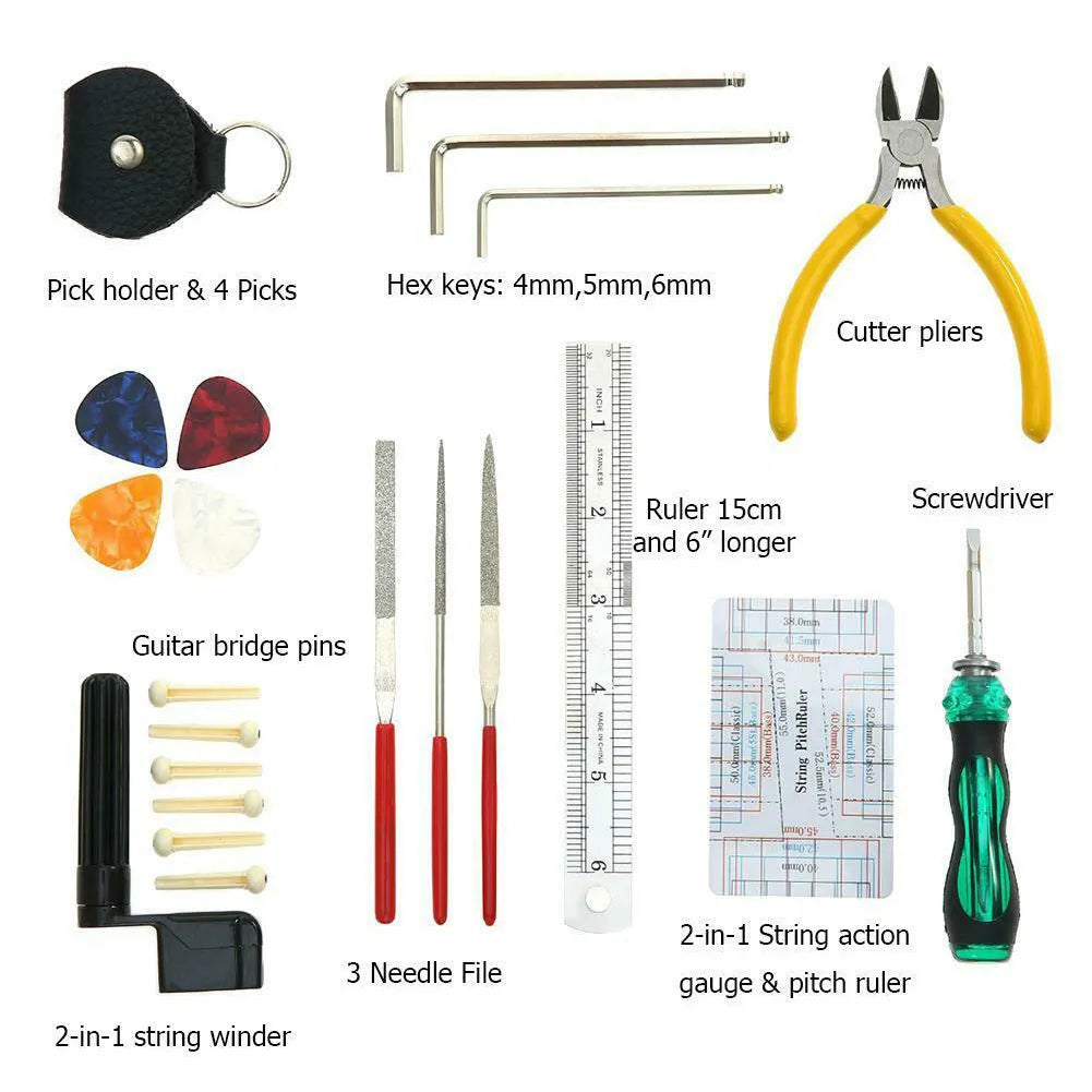 Black compact case open to reveal a guitar repair and maintenance tool kit for guitars, basses, mandolins, and banjos.