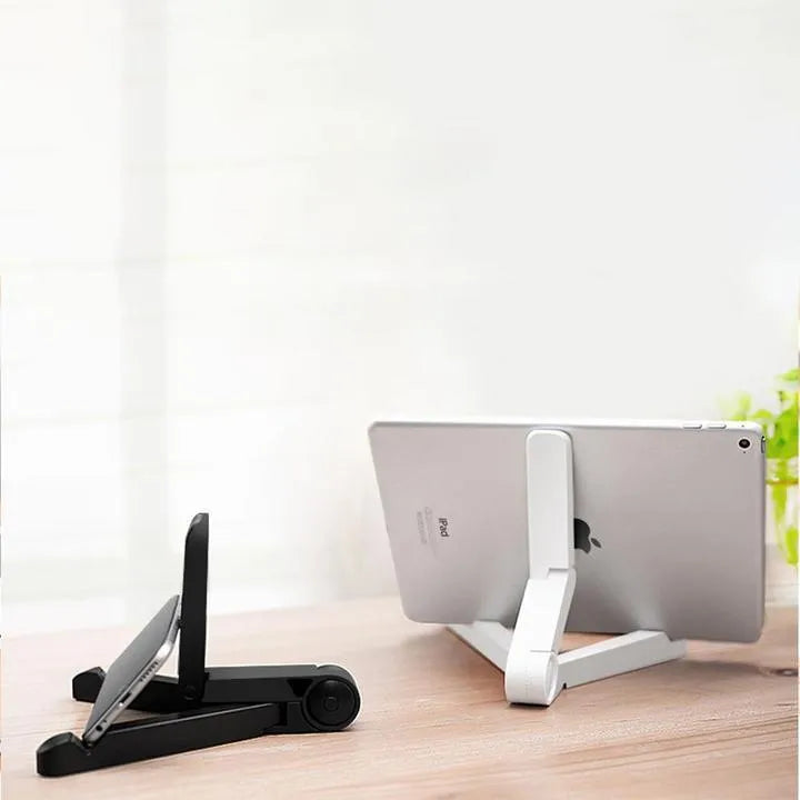 Black foldable tablet holder supporting a smartphone in landscape mode on a desk