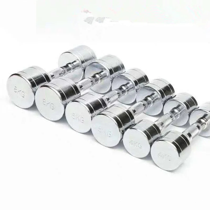 Silver pure steel dumbbell with electroplated finish and ergonomic handle