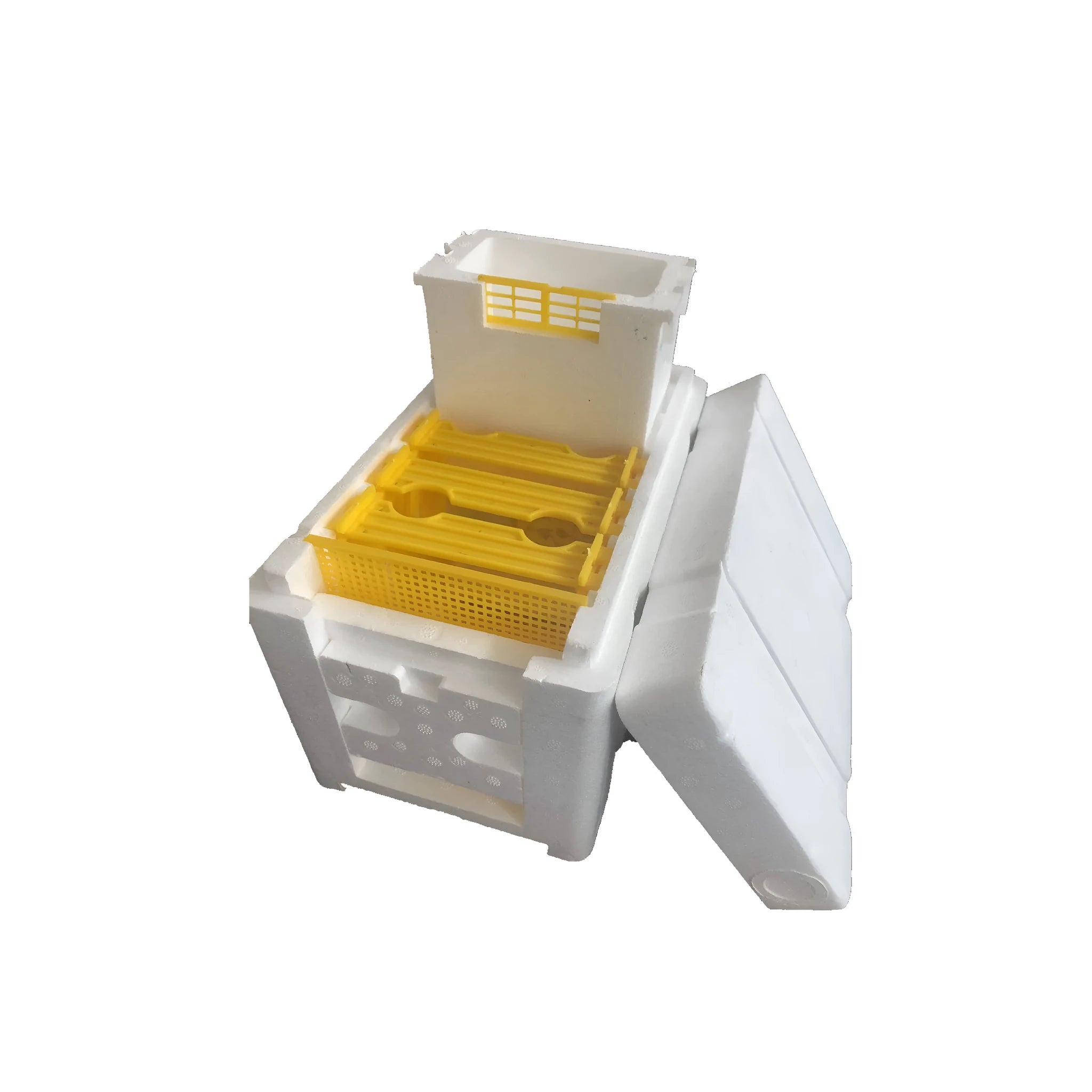 Three white EPS foam bee delivery boxes for beehive frame and queen transport.