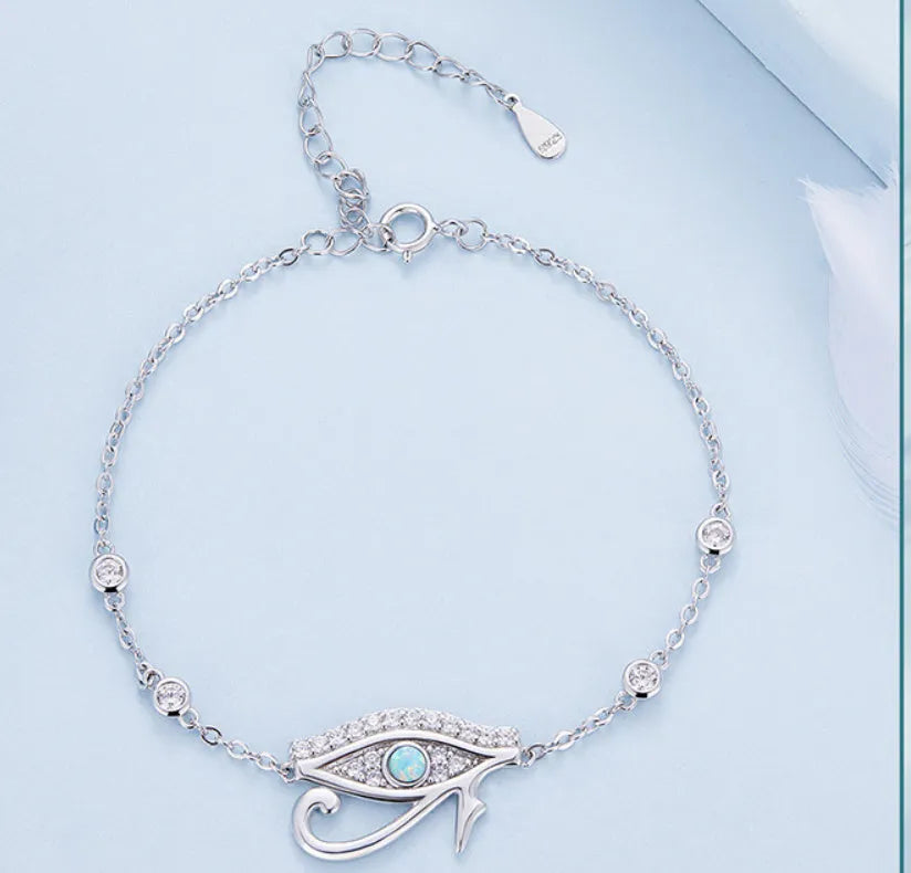 Silver Horus eye bracelet with opal detail, electroplated 925 silver women's bracelet