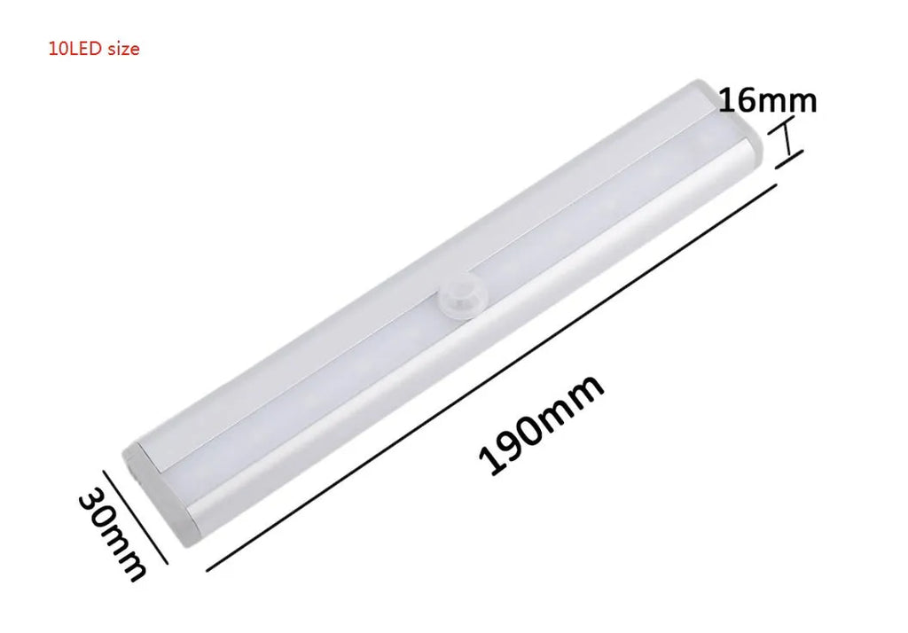 Silver aluminium LED motion sensor light with magnetic back for wardrobe and cupboard mounting.